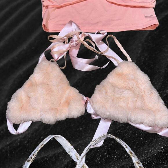 Lot XS / S‎ 6x Girly Tank Crop Tops Set Sequin Iridescent Pink Plaid Vegan Fur - Picture 7 of 8